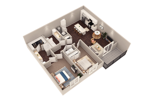 Floor plan for 2 beds, 2 baths, 1040 sqft